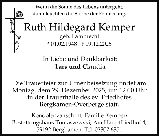 Traueranzeige von Ruth Hildegard Kemper von Hellweger Anzeiger