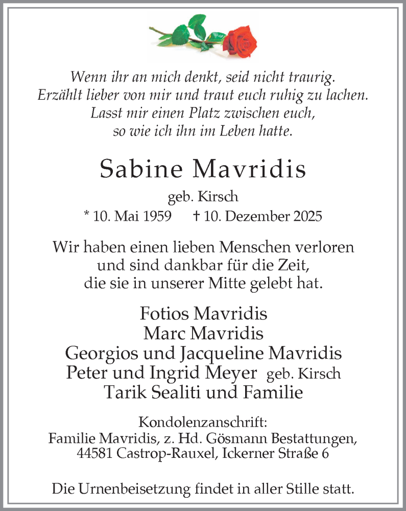  Traueranzeige für Sabine Mavridis vom 20.12.2025 aus Stadtanzeiger Castrop-Rauxel