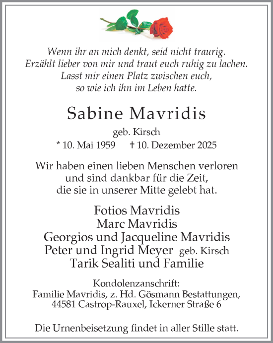 Traueranzeige von Sabine Mavridis von Stadtanzeiger Castrop-Rauxel