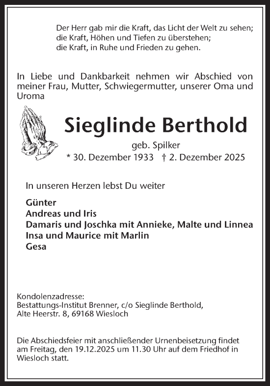Traueranzeige von Sieglinde Berthold von Trauer Vest