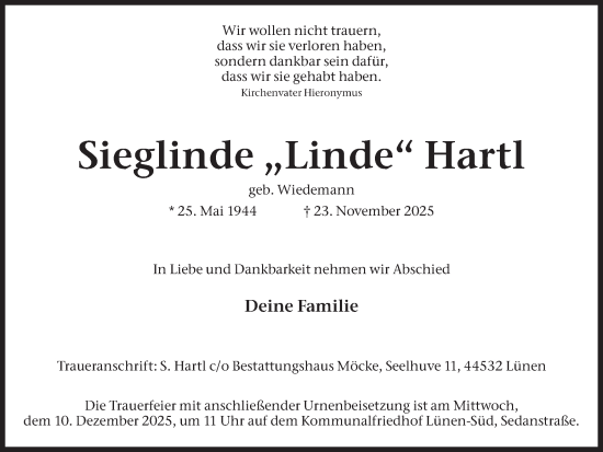 Traueranzeige von Sieglinde Hartl von Lüner Anzeiger