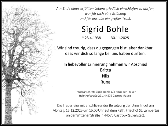 Traueranzeige von Sigrid Bohle von Stadtanzeiger Castrop-Rauxel