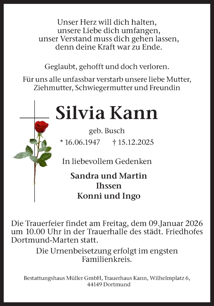  Traueranzeige für Silvia Kann vom 27.12.2025 aus Ruhr Nachrichten