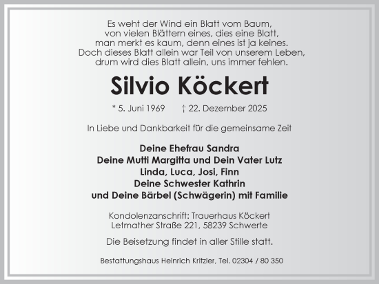 Traueranzeige von Silvio Köckert von Ruhr Nachrichten