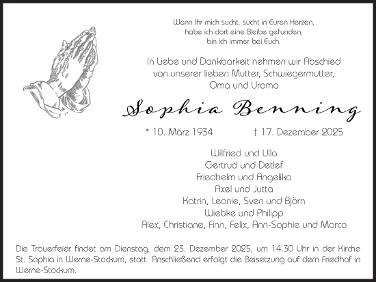 Traueranzeige von Sophia Benning von Ruhr Nachrichten