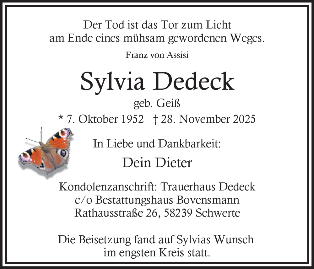  Traueranzeige für Sylvia Dedeck vom 20.12.2025 aus Ruhr Nachrichten