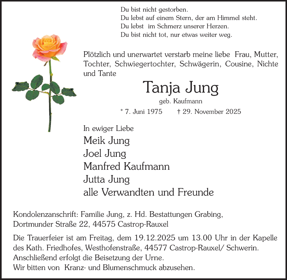  Traueranzeige für Tanja Jung vom 13.12.2025 aus Stadtanzeiger Castrop-Rauxel