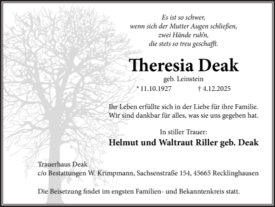 Traueranzeige von Theresia Deak von Trauer Vest