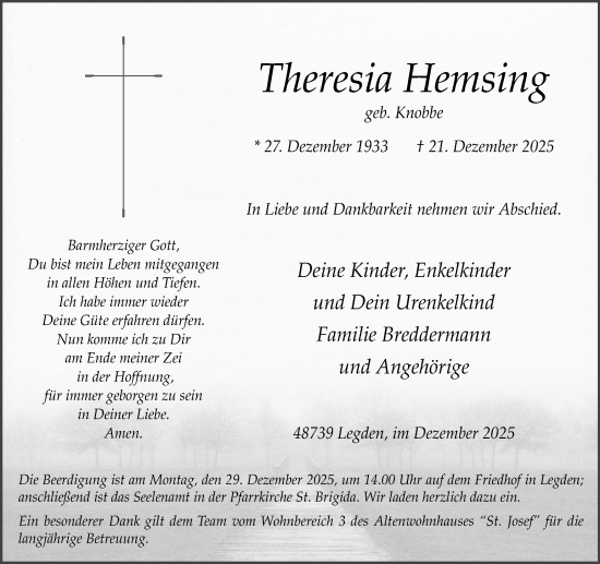 Traueranzeige von Theresia Hemsing von Münsterland Zeitung