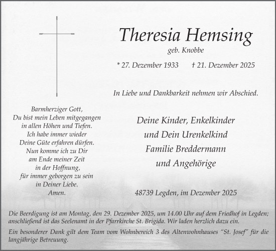 Traueranzeige von Theresia Hemsing von Münsterland Zeitung