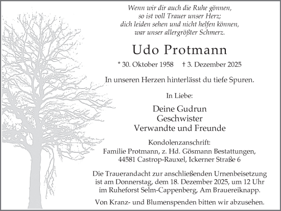 Traueranzeige von Udo Protmann von Stadtanzeiger Castrop-Rauxel