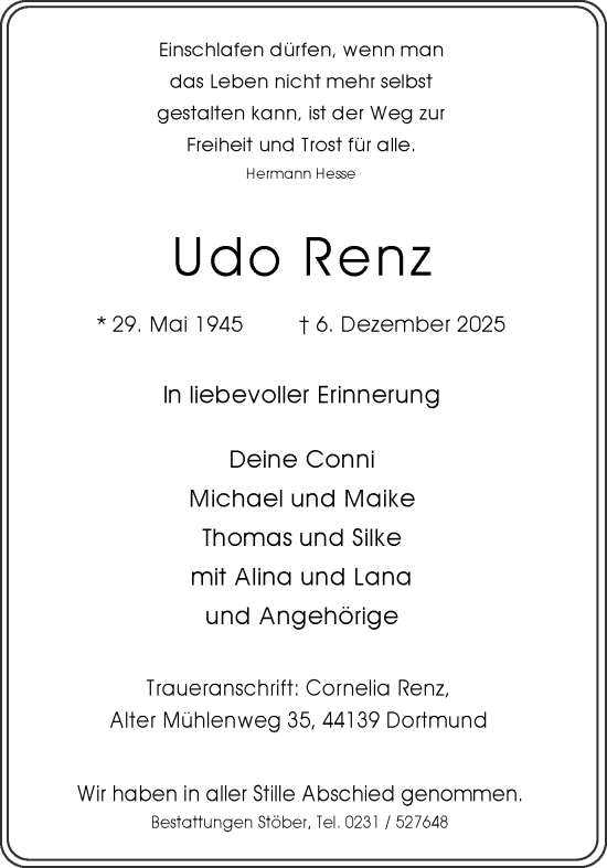 Traueranzeige von Udo Renz von Ruhr Nachrichten