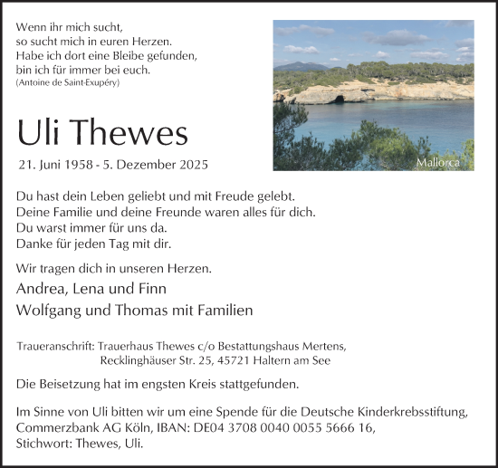 Traueranzeige von Uli Thewes von Ruhr Nachrichten und Halterner Zeitung