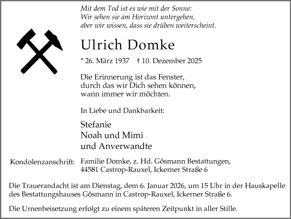  Traueranzeige für Ulrich Domke vom 20.12.2025 aus Stadtanzeiger Castrop-Rauxel
