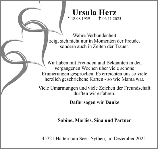 Traueranzeige von Ursula Herz von Ruhr Nachrichten und Halterner Zeitung