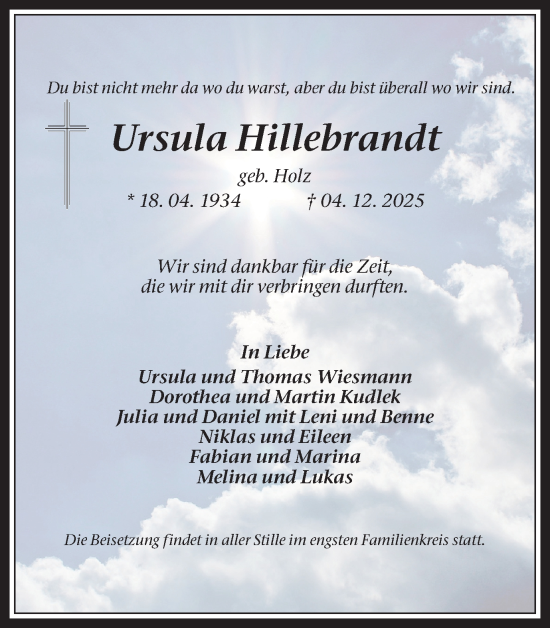 Traueranzeige von Ursula Hillebrandt von Trauer Vest