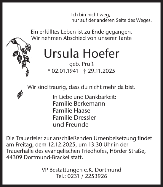 Traueranzeige von Ursula Hoefer von Ruhr Nachrichten