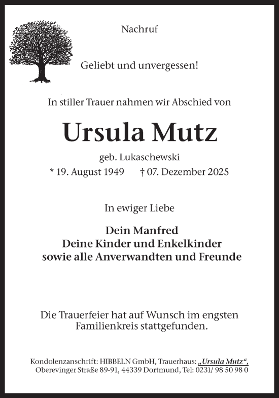 Traueranzeige von Ursula Mutz von Ruhr Nachrichten