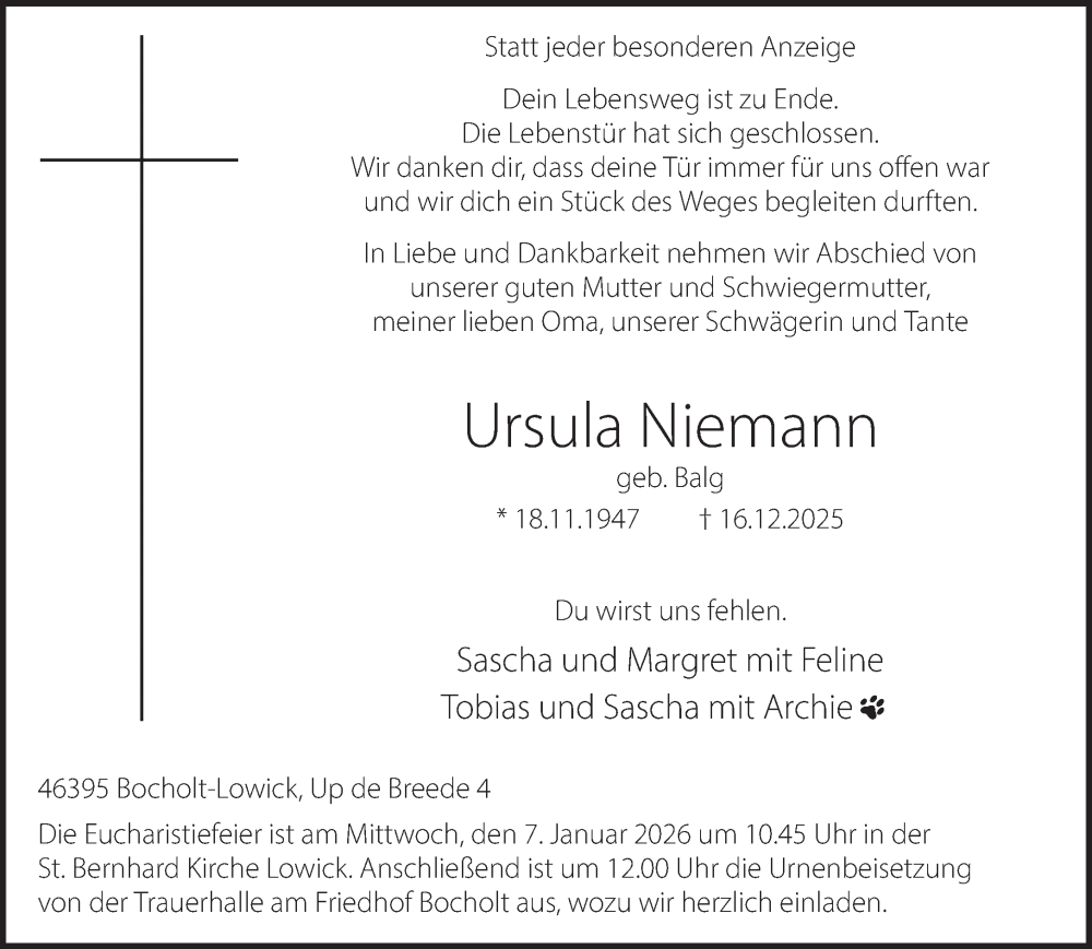  Traueranzeige für Ursula Niemann vom 31.12.2025 aus 