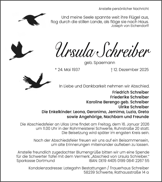 Traueranzeige von Ursula Schreiber von Ruhr Nachrichten