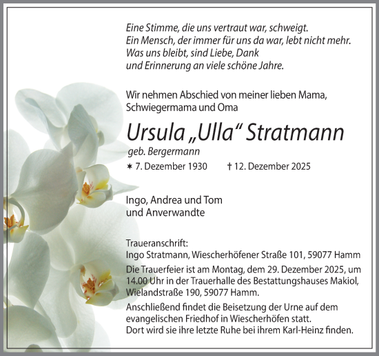 Traueranzeige von Ursula Stratmann von Hellweger Anzeiger