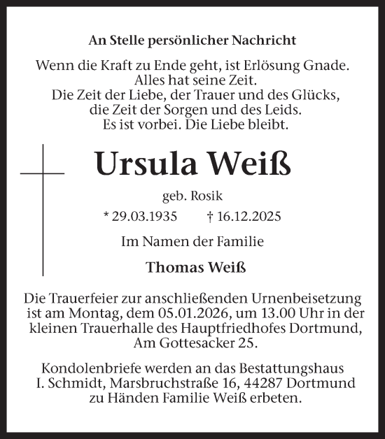 Traueranzeige von Ursula Weiß von Ruhr Nachrichten