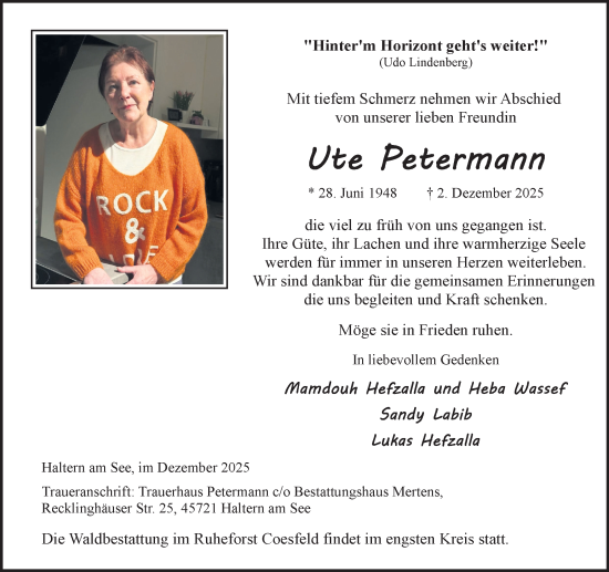 Traueranzeige von Ute Petermann von Ruhr Nachrichten und Halterner Zeitung