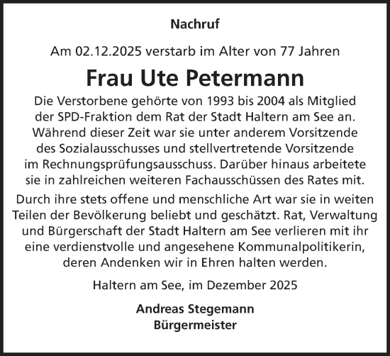 Traueranzeige von Ute Petermann von Ruhr Nachrichten und Halterner Zeitung