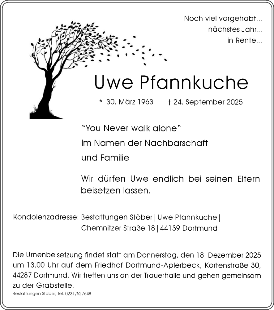  Traueranzeige für Uwe Pfannkuche vom 06.12.2025 aus Ruhr Nachrichten