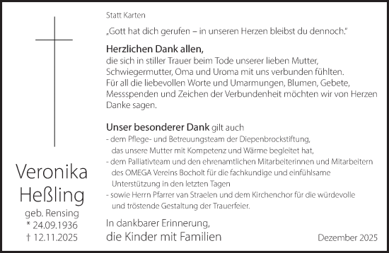 Traueranzeige von Veronika Heßling 