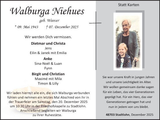 Traueranzeige von Walburga Niehues von Münsterland Zeitung