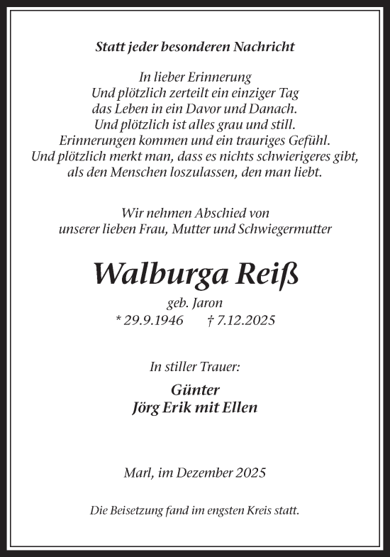 Traueranzeige von Walburga Reiß von Trauer Vest