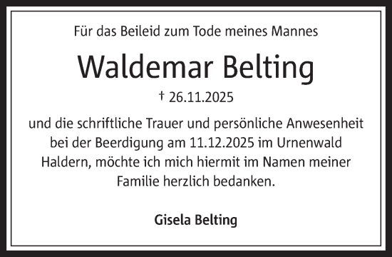 Traueranzeige von Waldemar Belting 