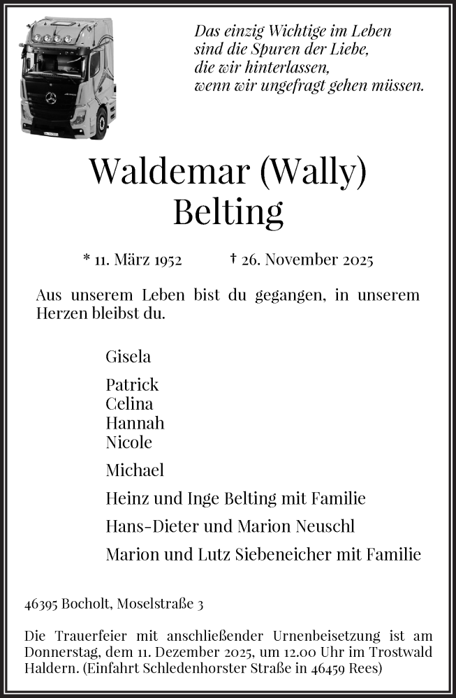  Traueranzeige für Waldemar Belting vom 06.12.2025 aus 