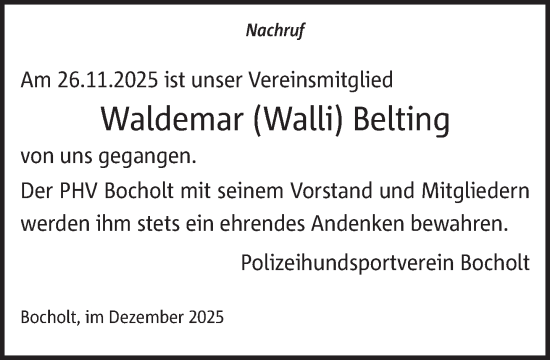 Traueranzeige von Waldemar Belting 