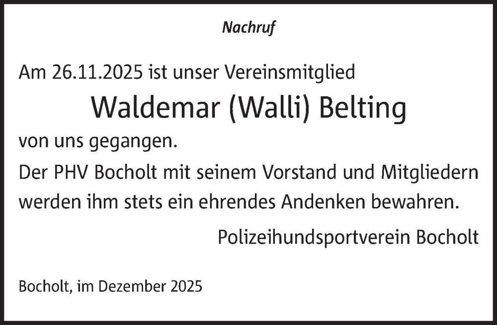  Traueranzeige für Waldemar Belting vom 12.12.2025 aus 