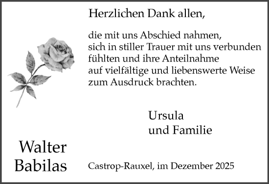 Traueranzeige von Walter Babilas von Stadtanzeiger Castrop-Rauxel