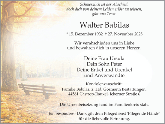 Traueranzeige von Walter Babilas von Stadtanzeiger Castrop-Rauxel