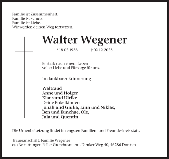 Traueranzeige von Walter Wegener von Ruhr Nachrichten und Dorstener Zeitung