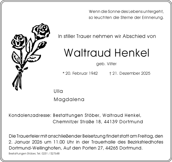 Traueranzeige von Waltraud Henkel von Ruhr Nachrichten