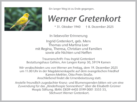 Traueranzeige von Werner Gretenkort von Hellweger Anzeiger