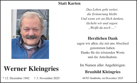 Traueranzeige von Werner Kleingries von Münsterland Zeitung