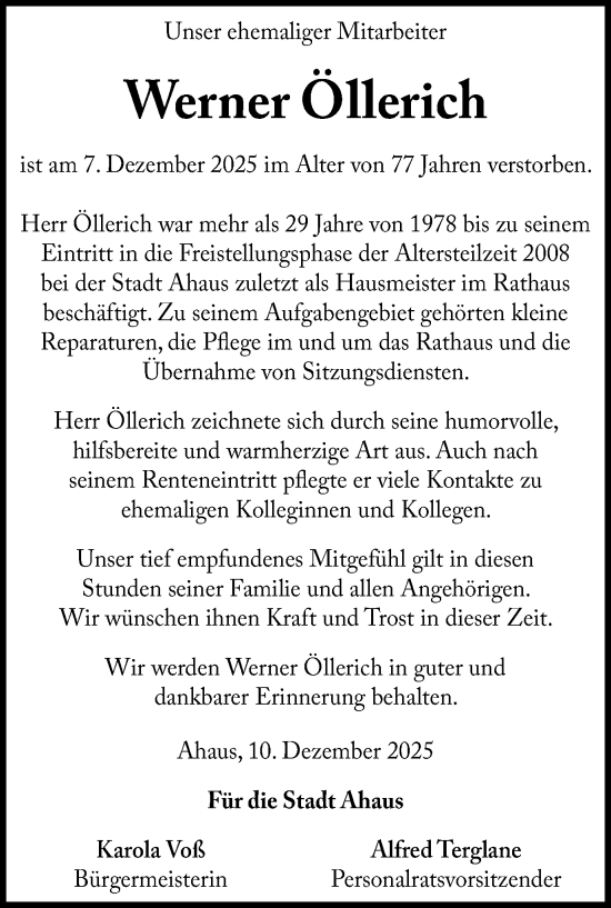 Traueranzeige von Werner Öllerich von Münsterland Zeitung