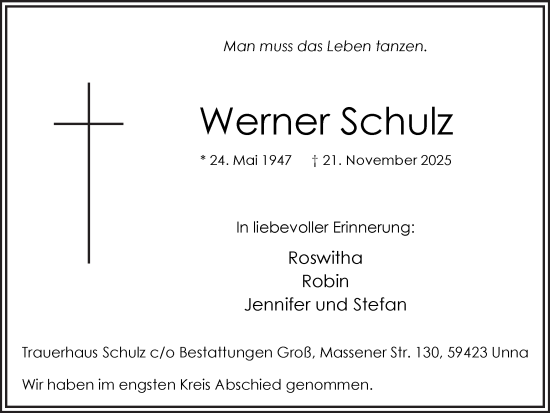 Traueranzeige von Werner Schulz von Hellweger Anzeiger