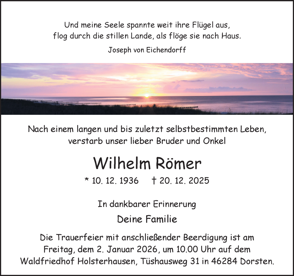  Traueranzeige für Wilhelm Römer vom 31.12.2025 aus Ruhr Nachrichten und Dorstener Zeitung