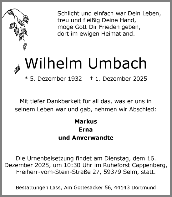 Traueranzeige von Wilhelm Umbach von Hellweger Anzeiger