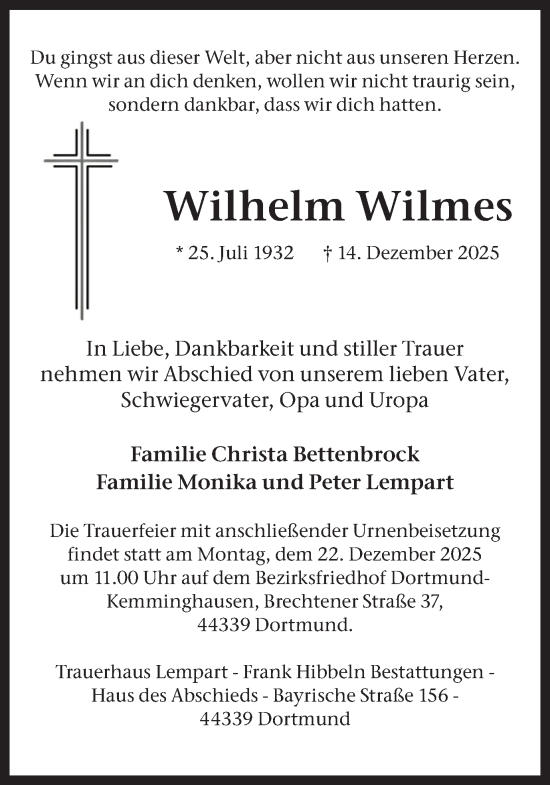 Traueranzeige von Wilhelm Wilmes von Ruhr Nachrichten