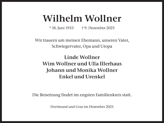 Traueranzeige von Wilhelm Wollner von Ruhr Nachrichten