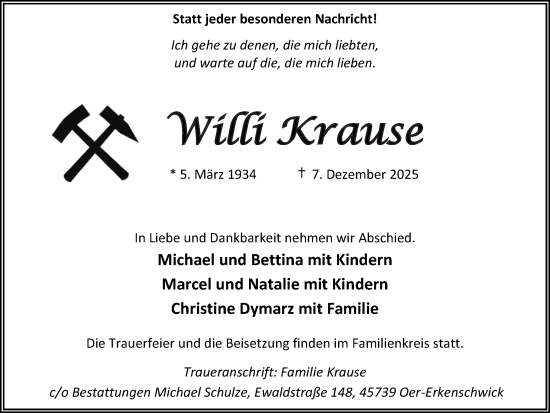 Traueranzeige von Willi Krause von Trauer Vest