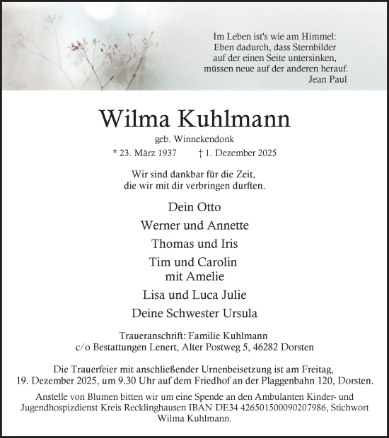 Traueranzeige von Wilma Kuhlmann von Ruhr Nachrichten und Dorstener Zeitung